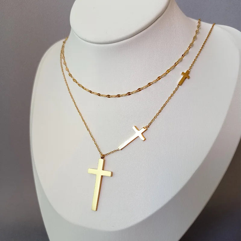Croix Double Layer Cross Pendant Necklace
